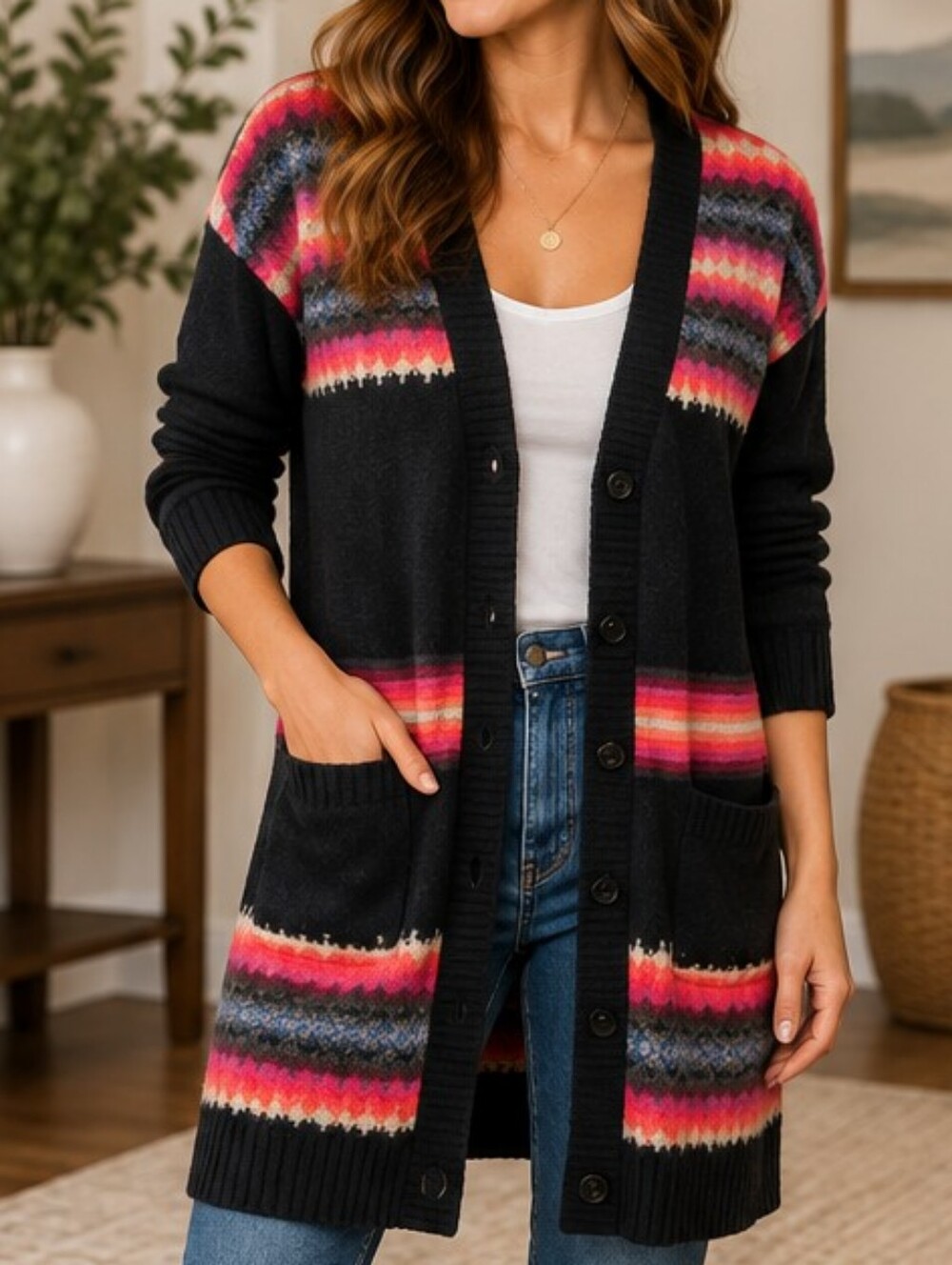 Gap Medium Lambswool Blend Fair Isle Longline Cardigan Sweater